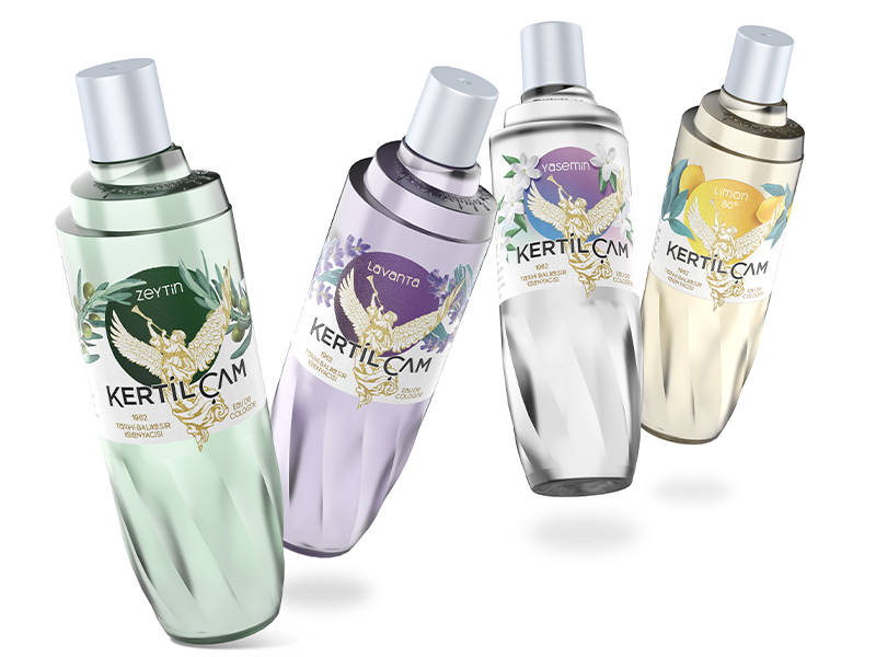 four cologne perfume bottles isolated on white background