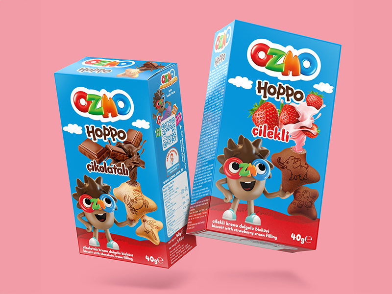 Two chocolate and strawberry biscuit packages isolated on pink background