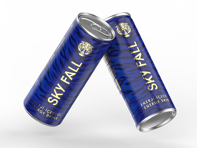 Energy drink inspired by tiger pattern, isolated on white background, with the words sky fall on the packaging and a vector icon of a tiger.